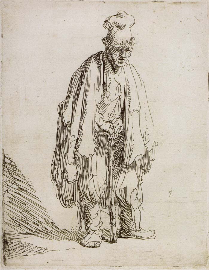 Beggar in a high cap,Standing and Leaning on a stick